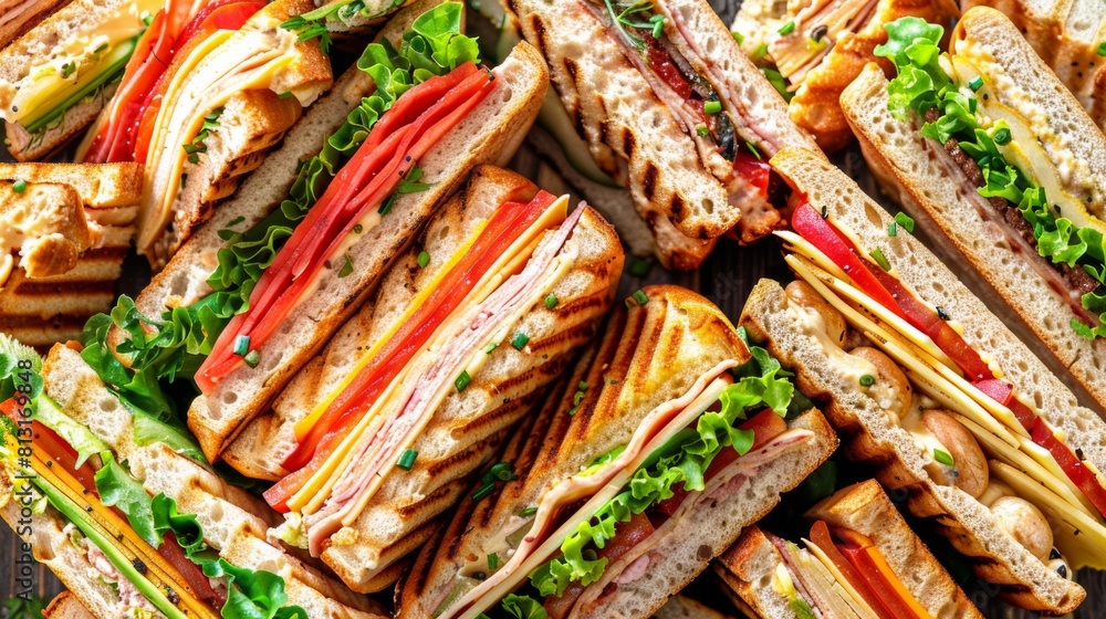 Poster an assortment of delectable sandwiches, each with a unique filling, beautifully arranged on a rustic