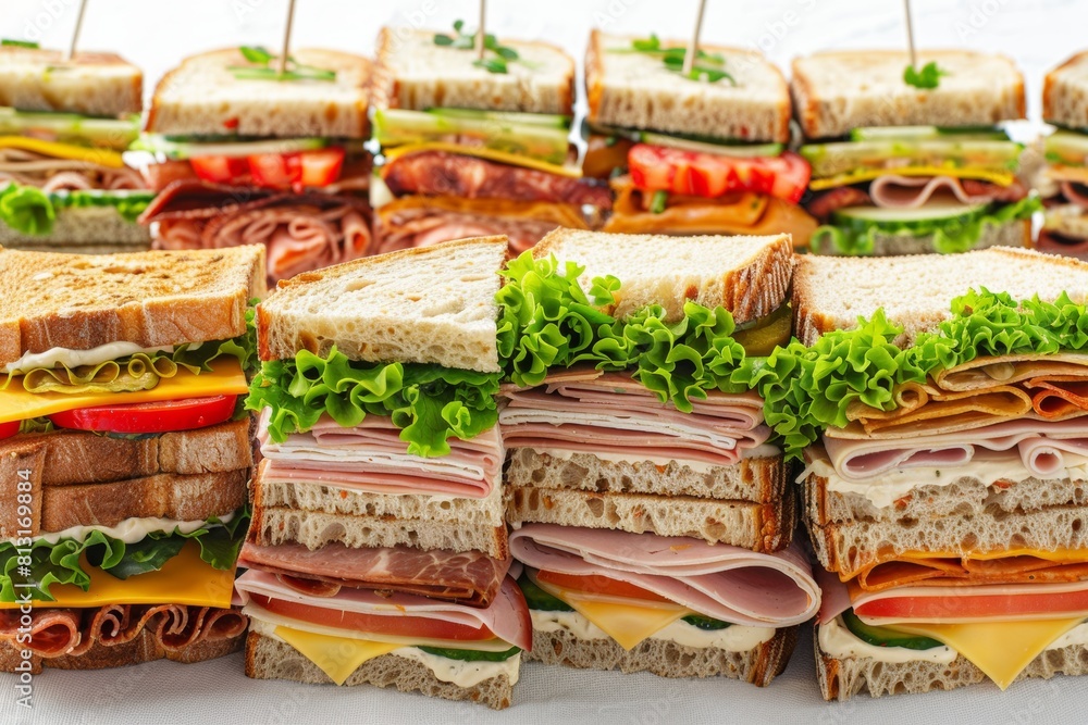 Poster a tower of assorted sandwiches stacked on top of each other, showcasing a variety of delicious filli
