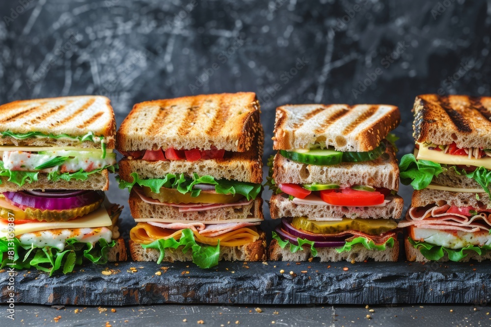 Aufkleber A variety of sandwiches resting neatly in a row on a smooth slate table. Generative AI