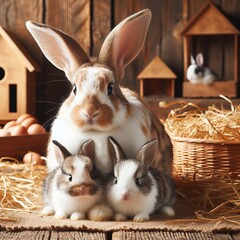 rabbit with small rabbits on a farm, animal husbandry