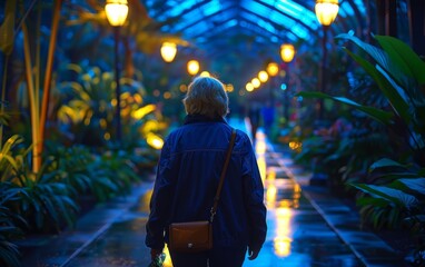 Fototapeta premium A woman wearing a blue jacket and carrying a brown purse walks down a path in a greenhouse. The scene is dark and the woman is alone