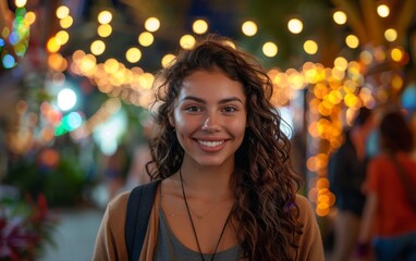 Fototapeta premium A woman with curly hair is smiling and standing in front of a group of people. She is wearing a necklace and a backpack