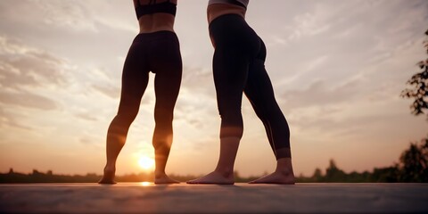 Two women in sports wear doing exercises at sunset, back view, down shot angle