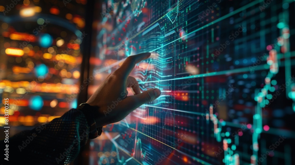 Aufkleber a hand reaching out to touch a holographic projection of stock market data, blending technology and 