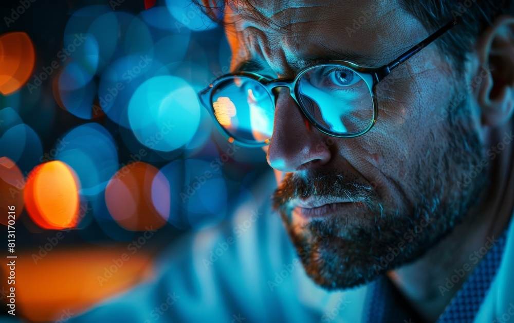 Poster a man wearing glasses is staring at a computer screen. the image has a moody and intense feel to it,