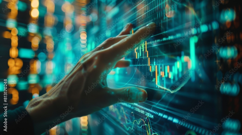 Aufkleber a hand reaching out to touch a holographic projection of stock market data, blending technology and 