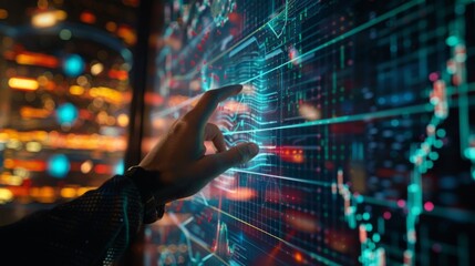 A hand reaching out to touch a holographic projection of stock market data, blending technology and finance.