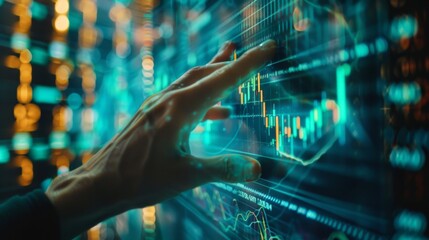 A hand reaching out to touch a holographic projection of stock market data, blending technology and finance.