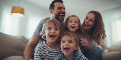 Lovely happy family laughing at home, happy couple with their kids at home, family and love concept