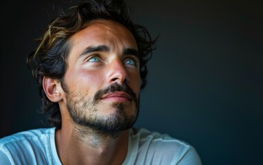 Obraz premium A man with a beard and blue eyes is looking up at the camera. He is wearing a white shirt and he is in a contemplative mood