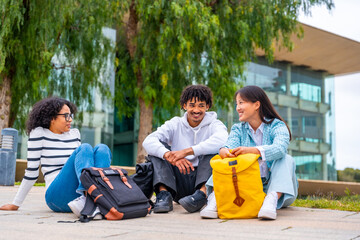 Cool diverse students sitting on the university campus chatting relaxed