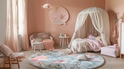 Step Into The Whimsy Of A Pastel Child'S Bedroom With Rugs, Offering A Playful And Inviting Space For Imagination To Flourish