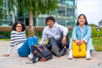 Diverse cool university students sitting outside the campus