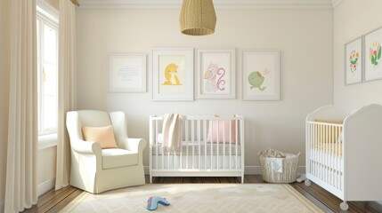 Visualize The Mock-Up Posters Adorning The Walls Of A Child'S Room, Adding Personality And Charm To The Cream-Colored Backdrop