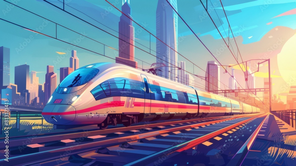 Poster a high-speed train passing through an urban landscape, illustrating efficient mass transit systems i