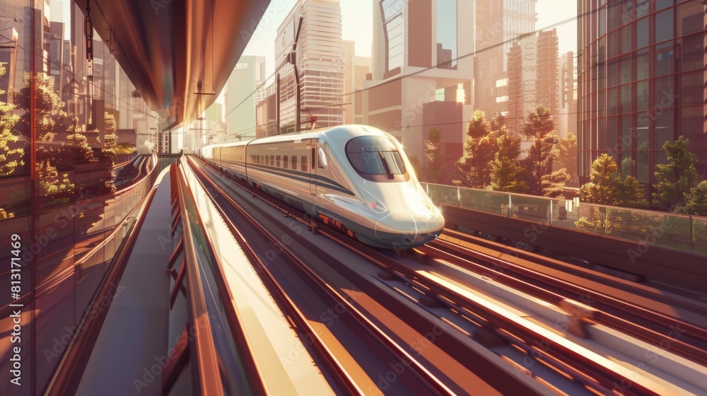 Poster a high-speed train passing through an urban landscape, illustrating efficient mass transit systems i