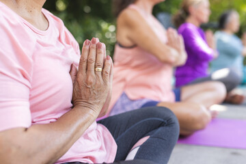 Outdoors, diverse senior female friends practicing yoga