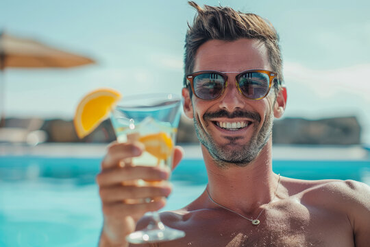 Man holds a glass with a cocktail on the background of the pool