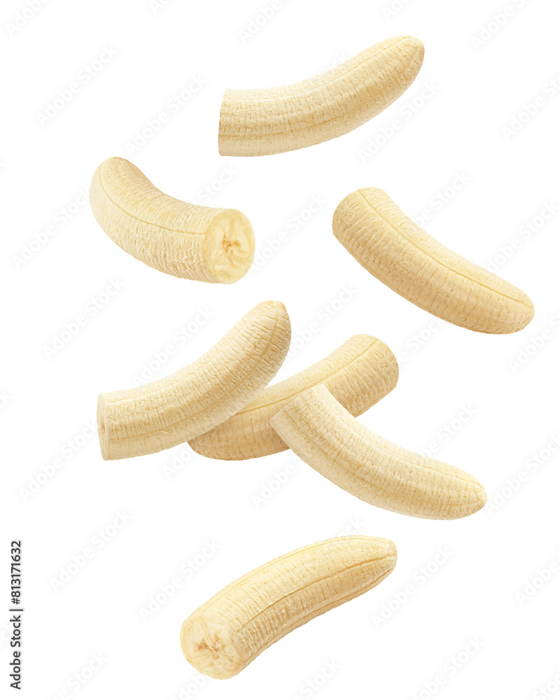 Wall mural falling banana, half peeled fruit, isolated on white background, full depth of field - Wall murals