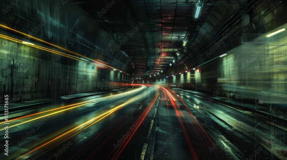 Poster a highway tunnel with streaks of light from passing vehicles, showcasing the infrastructure beneath 