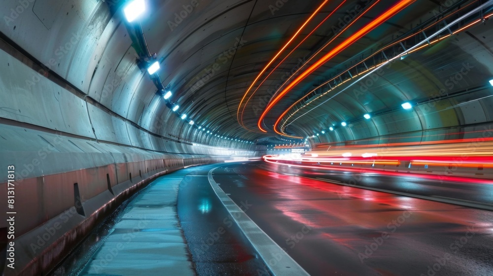 Poster a highway tunnel with streaks of light from passing vehicles, showcasing the infrastructure beneath 
