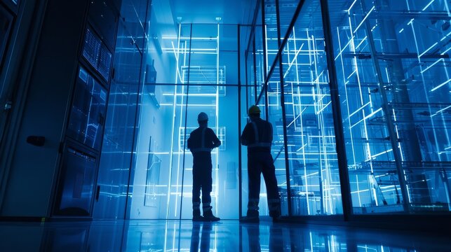 FutureFocused Technicians Installing Smart Lighting in CuttingEdge Intelligent Building with Holographic Control Panel