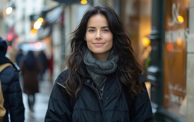 Fototapeta premium A woman with long hair is smiling in front of a store window. She is wearing a black coat and scarf