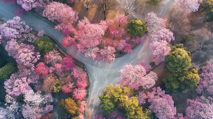 Blossoming Beauty Aerial View of Enchanting Cherry Blossom Park with Intricate Pathways