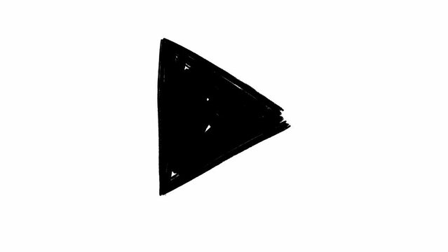 Hand drawn play button in form of triangle pointing to the right in loop stop motion animation on white background. Pattern of monochrome symbol highlighting the control and action aspect of interface