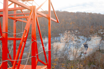 A launch pad for a flight over the gorge on a cable. Extreme entertainment. Zipline equipment.