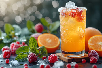 Fresh summer drinks cocktails with berries, fruits, ice and frost on glasses. Vacation open beach bar concept.