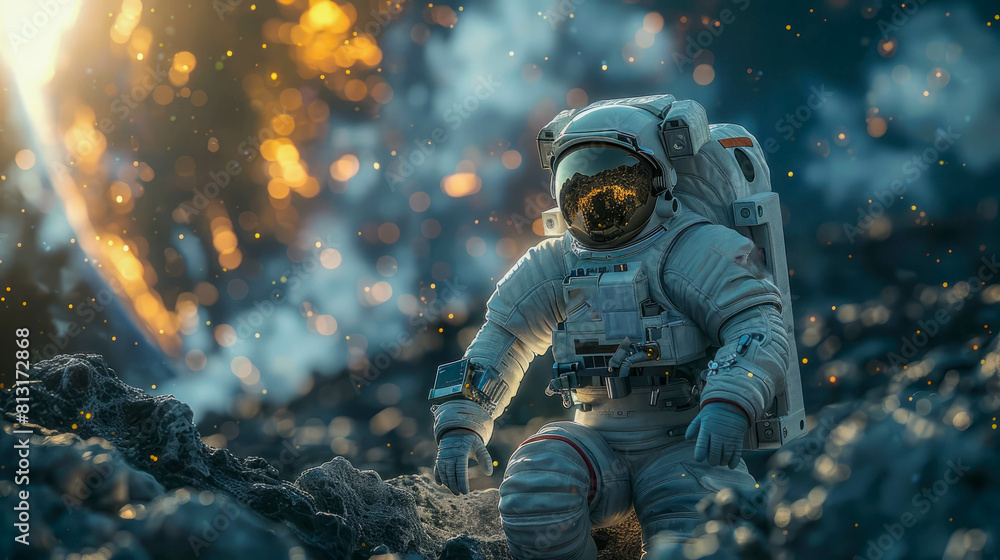 Poster astronaut in a spacesuit on the planet in outer space