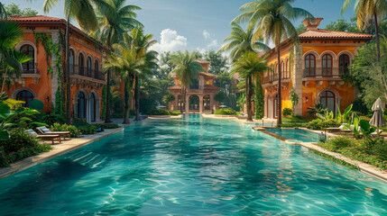 Fototapeta premium Swimming pool in a luxury villa with palm trees on the background