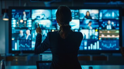 TechSavvy Businesswoman Leading Virtual Meeting on Big Screen Modern Communication in Action