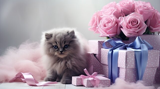 bouquet of delicate pink roses with cute kitten holding a gift, silk blue ribbons,