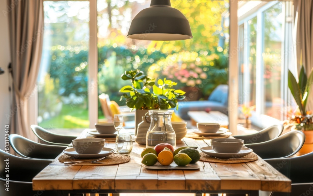 Poster a table with a vase of flowers and fruit on it. the table is set for a meal and there are several ch
