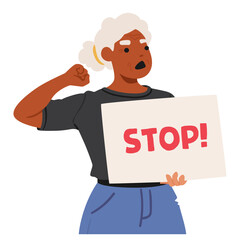 Angry Senior Female Protester Character Holding A Stop Sign, Shouts And Raises her Fist, Old Female Character Protest