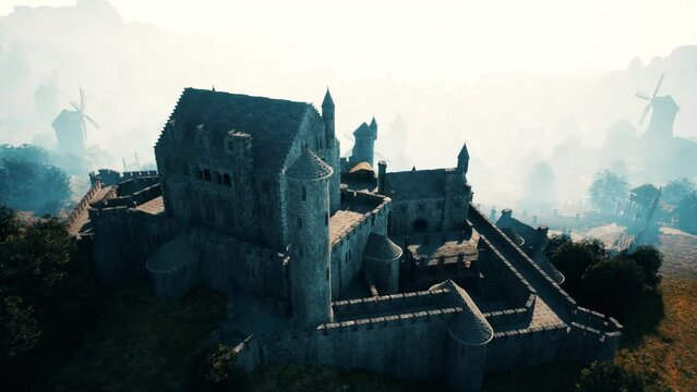 Aerial view ruins of medieval castle
