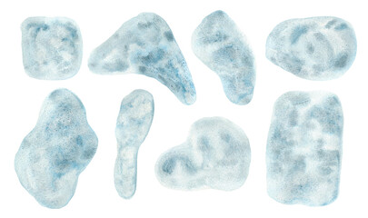 Set of artistic granulate textured light gray blue watercolor organic shape stains. Vibrant hand painted nature sky clouds watercolour blobs for banner design, nature poster, greeting cards