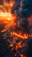 Fototapeta premium A fiery orange cloud is rising from a fire in a city. The sun is setting in the background, casting a warm glow over the scene. The fire is spreading rapidly, engulfing buildings