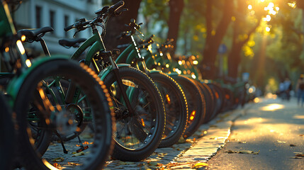 electric bicycles for rent are green in the parking lot in the city center on the street, Eco-friendly mode of transport