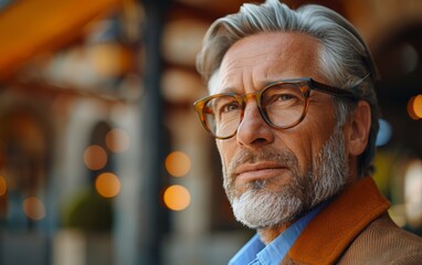 A man with glasses is standing in front of a building. He is wearing a blue shirt and an orange jacket