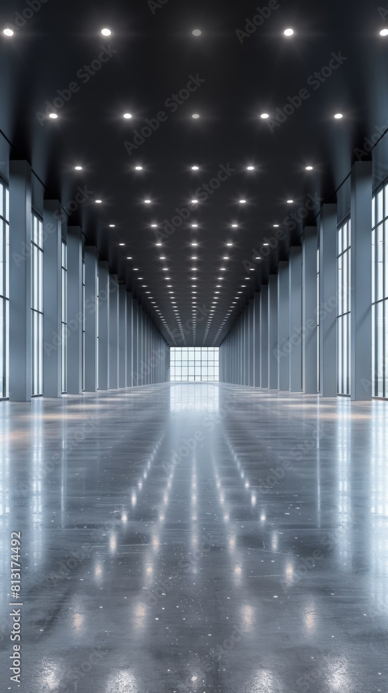 Poster a long, empty hallway with a row of lights on the ceiling. the lights are evenly spaced and create a