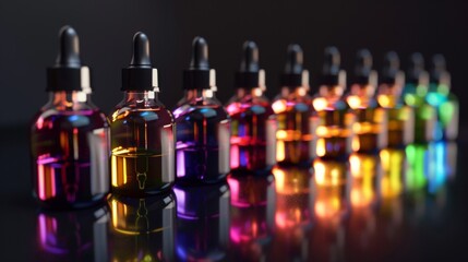Radiant Elixirs Luxurious Essential Oil Droppers on Reflective Black Surface Wellness and Beauty Concept