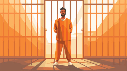 Sad criminal in prison cell looking through metal b