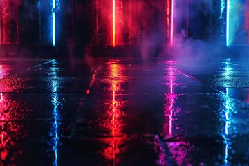Empty background scene. Dark street reflection on the wet pavement. Rays neon light in the dark, neon figures, smoke. Night view of the street, the city. Abstract dark background - generative ai