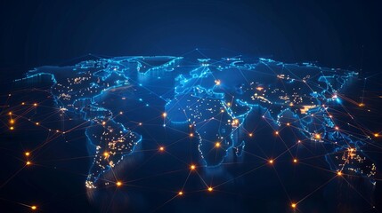Low poly illustration of global supply networks, emphasizing efficiency and connectivity on a technological blue background