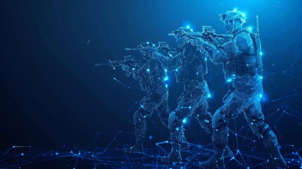 Obraz premium Military training via AR visualized in low poly, focusing on tactical and strategic enhancements on a technologically advanced blue background