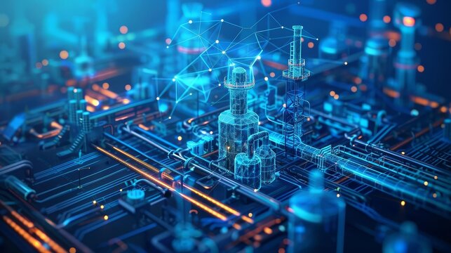 Industrial IoT setup featuring predictive maintenance in a low poly design, showcased on a blue technological background for factory efficiency