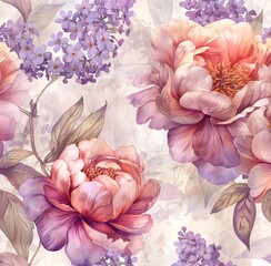 watercolor illustration features beautiful and elegant pink, blue and lilac peonies, roses and lilies in a soft pastel pattern. illustration, soft colors. pastel color
